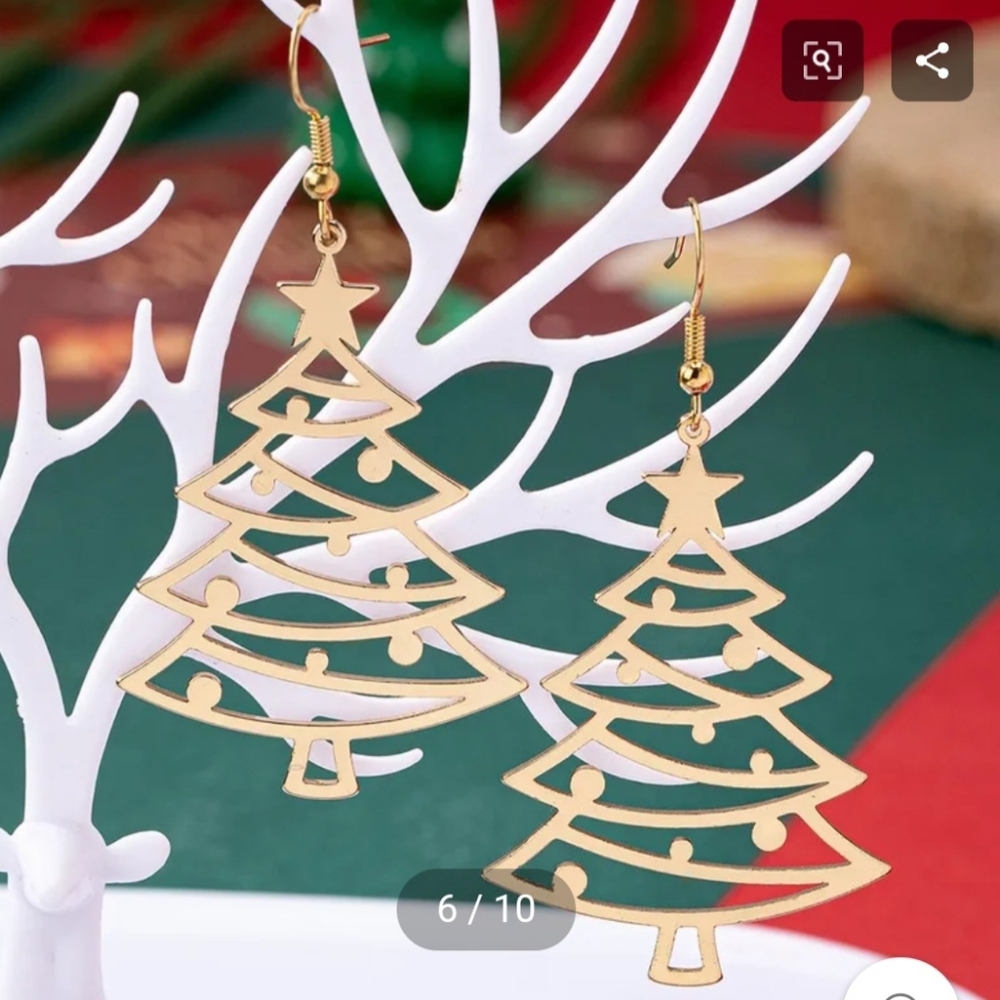 Gold Christmas Tree Earrings Holiday Festive - Picture 7 of 10